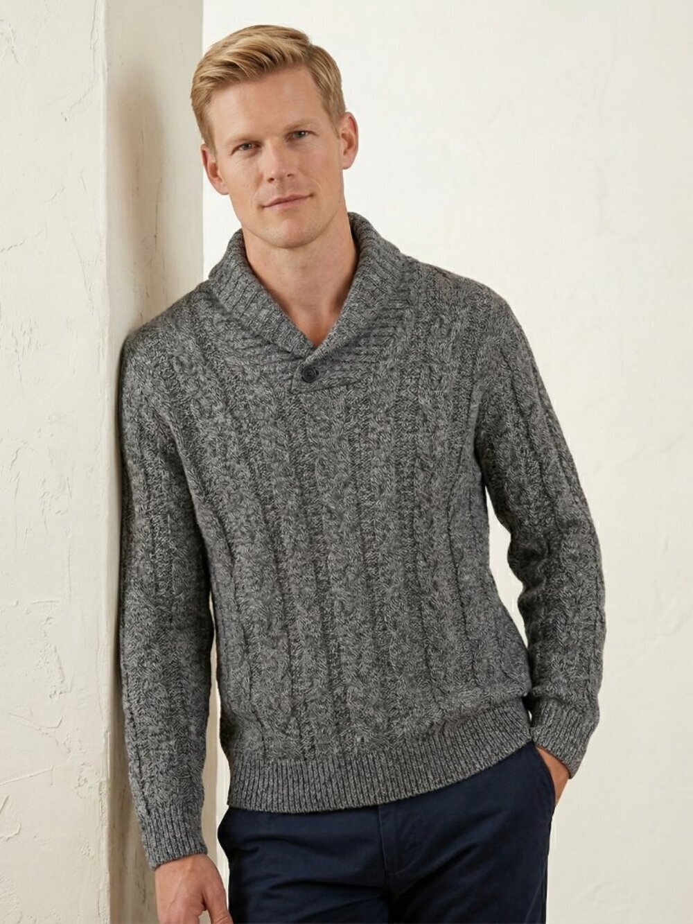 Jos. A. Bank Men M Sweater Grey Lambswool Cable Shawl Neck Investment Academia